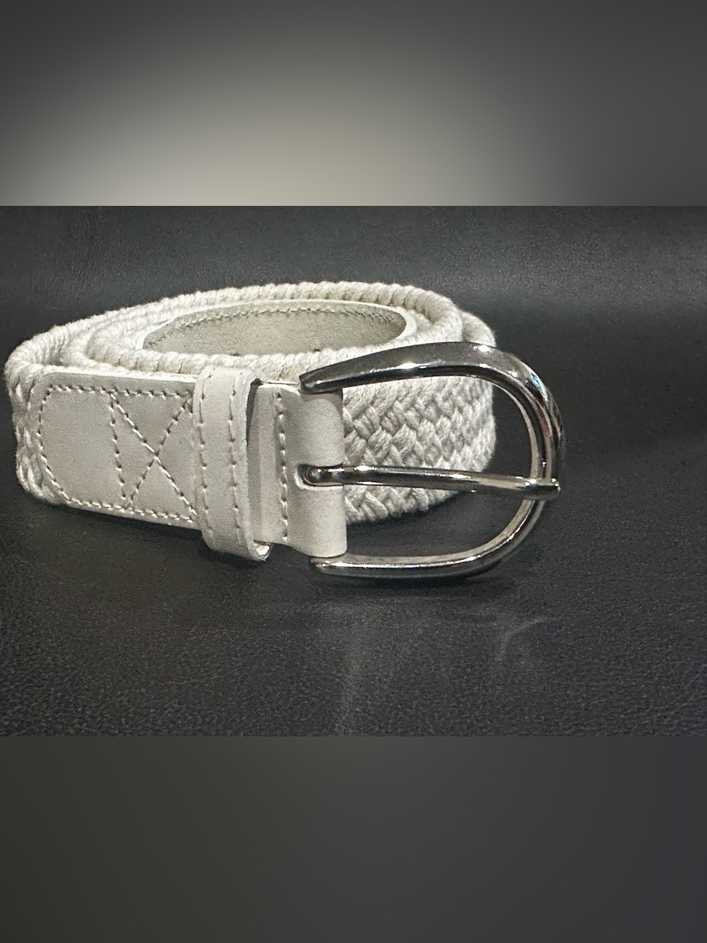 Cream Braided Stretch Belt | Woven Elastic | Silver Oval Buckle Size Large 42.5”